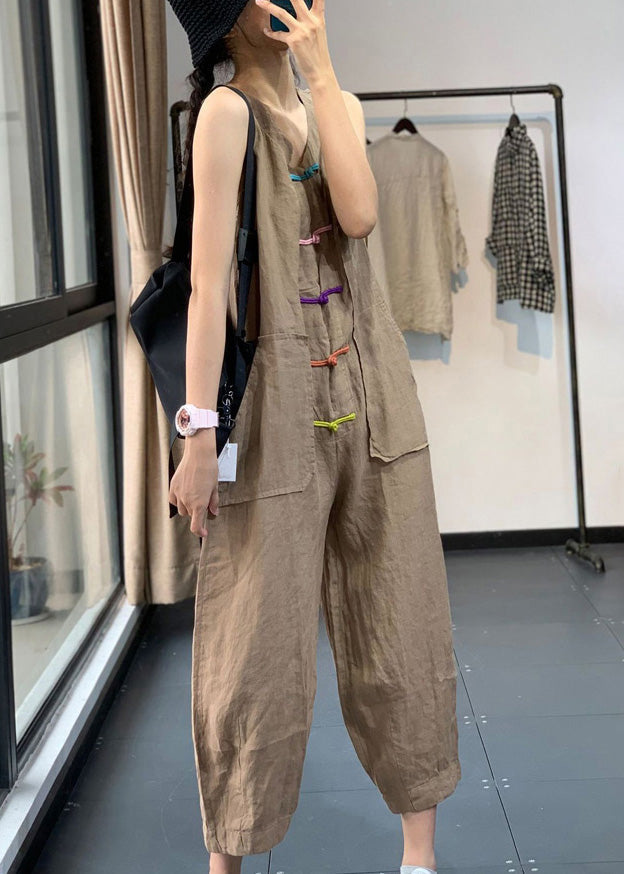 Khaki Pockets Patchwork Linen Jumpsuits Chinese Button Sleeveless Ada Fashion