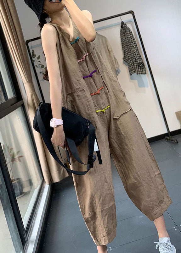 Khaki Pockets Patchwork Linen Jumpsuits Chinese Button Sleeveless Ada Fashion