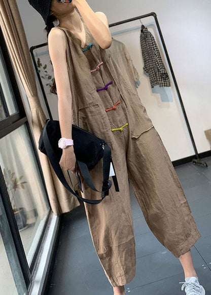 Khaki Pockets Patchwork Linen Jumpsuits Chinese Button Sleeveless Ada Fashion