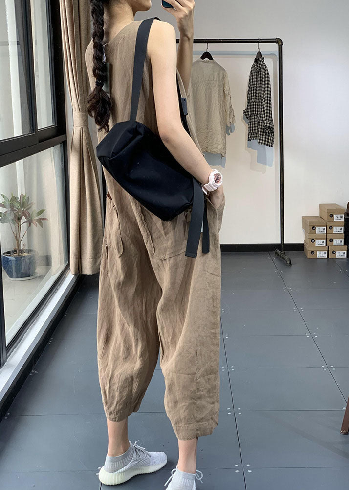 Khaki Pockets Patchwork Linen Jumpsuits Chinese Button Sleeveless Ada Fashion