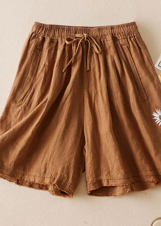 Khaki Pockets Patchwork Linen Shorts Embroideried Cinched Summer Ada Fashion