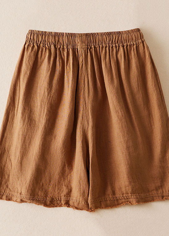 Khaki Pockets Patchwork Linen Shorts Embroideried Cinched Summer Ada Fashion