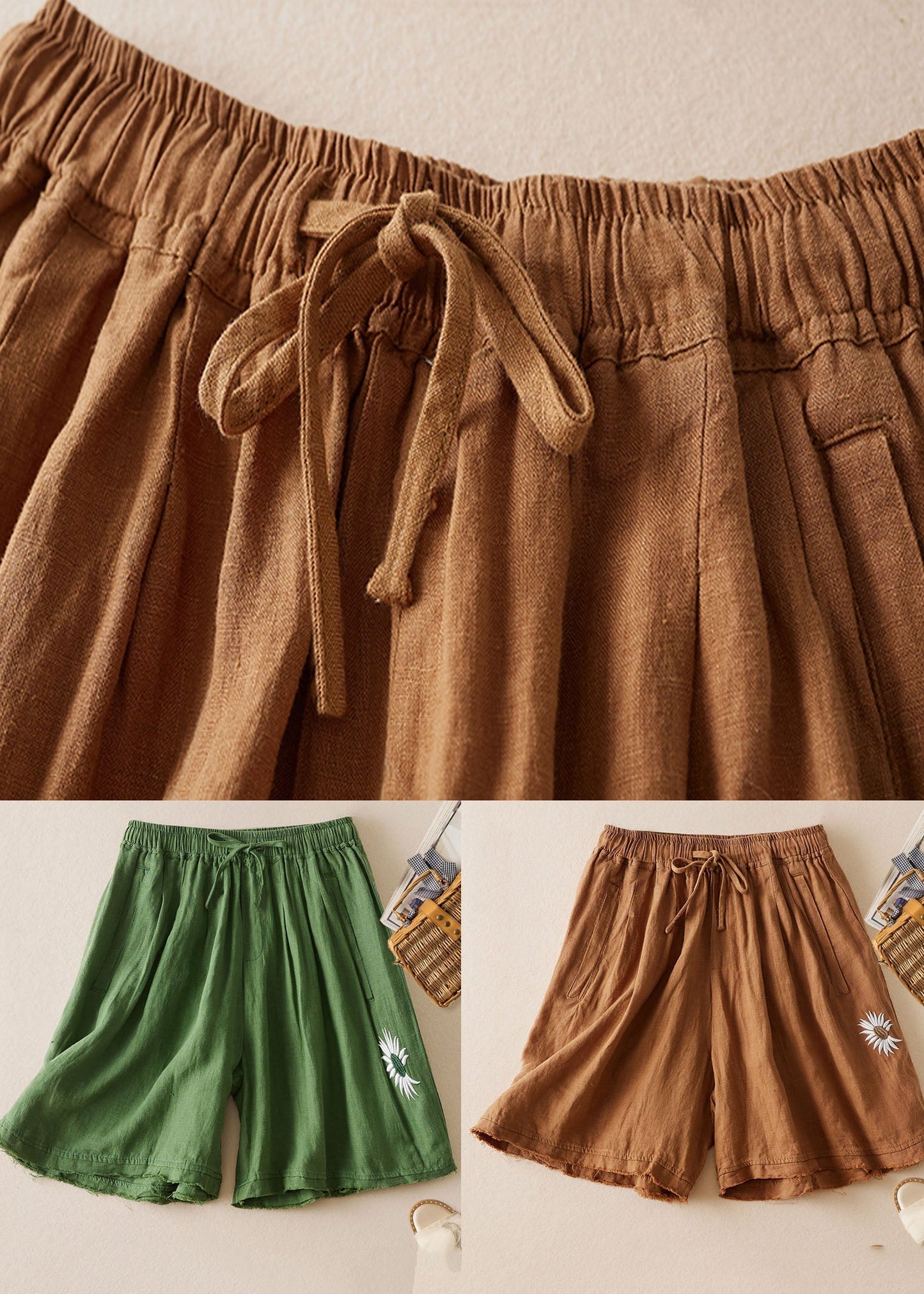 Khaki Pockets Patchwork Linen Shorts Embroideried Cinched Summer Ada Fashion