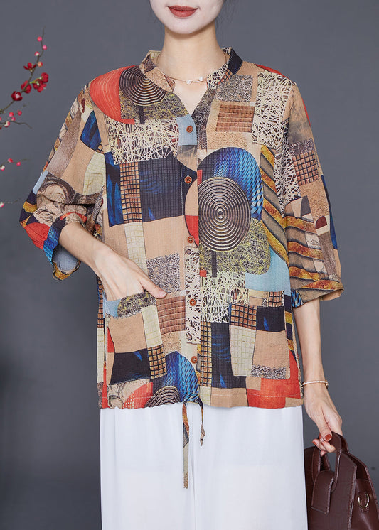 Khaki Print Chiffon Shirts Stand Collar Drawstring Half Sleeve Ada Fashion