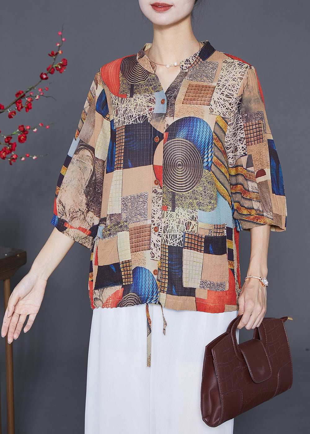 Khaki Print Chiffon Shirts Stand Collar Drawstring Half Sleeve Ada Fashion