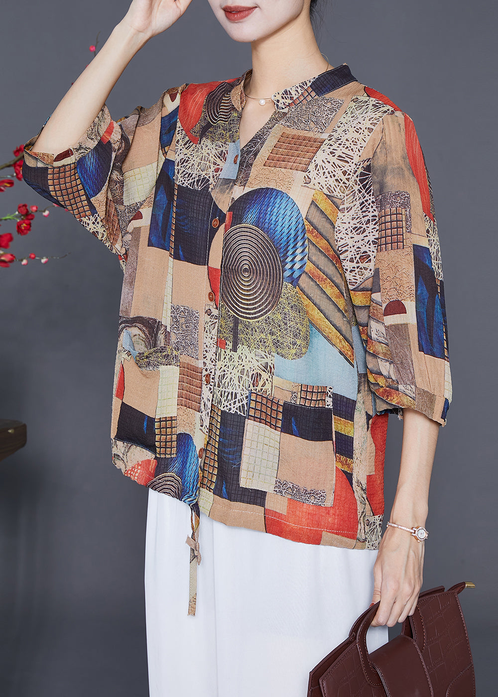 Khaki Print Chiffon Shirts Stand Collar Drawstring Half Sleeve Ada Fashion