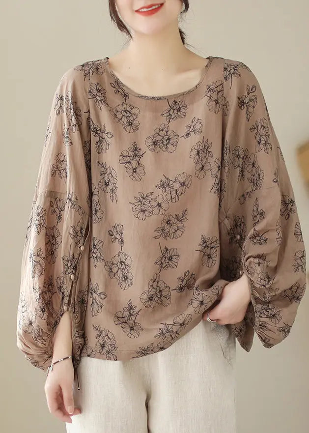 Khaki Print Cotton Blouses Oversized Lantern Sleeve Ada Fashion