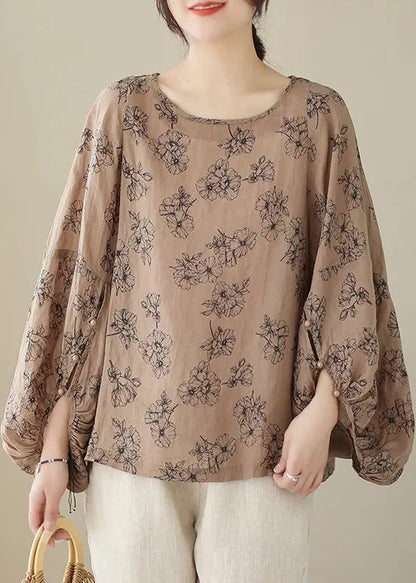 Khaki Print Cotton Blouses Oversized Lantern Sleeve Ada Fashion