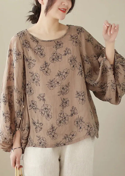 Khaki Print Cotton Blouses Oversized Lantern Sleeve Ada Fashion