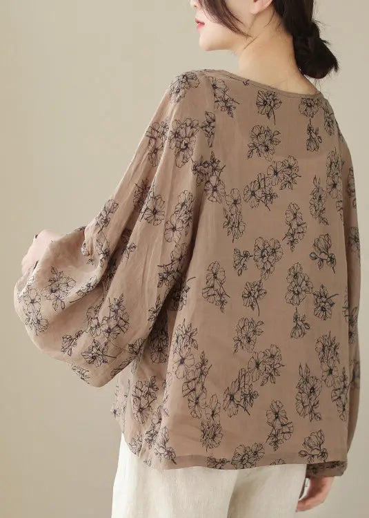 Khaki Print Cotton Blouses Oversized Lantern Sleeve Ada Fashion