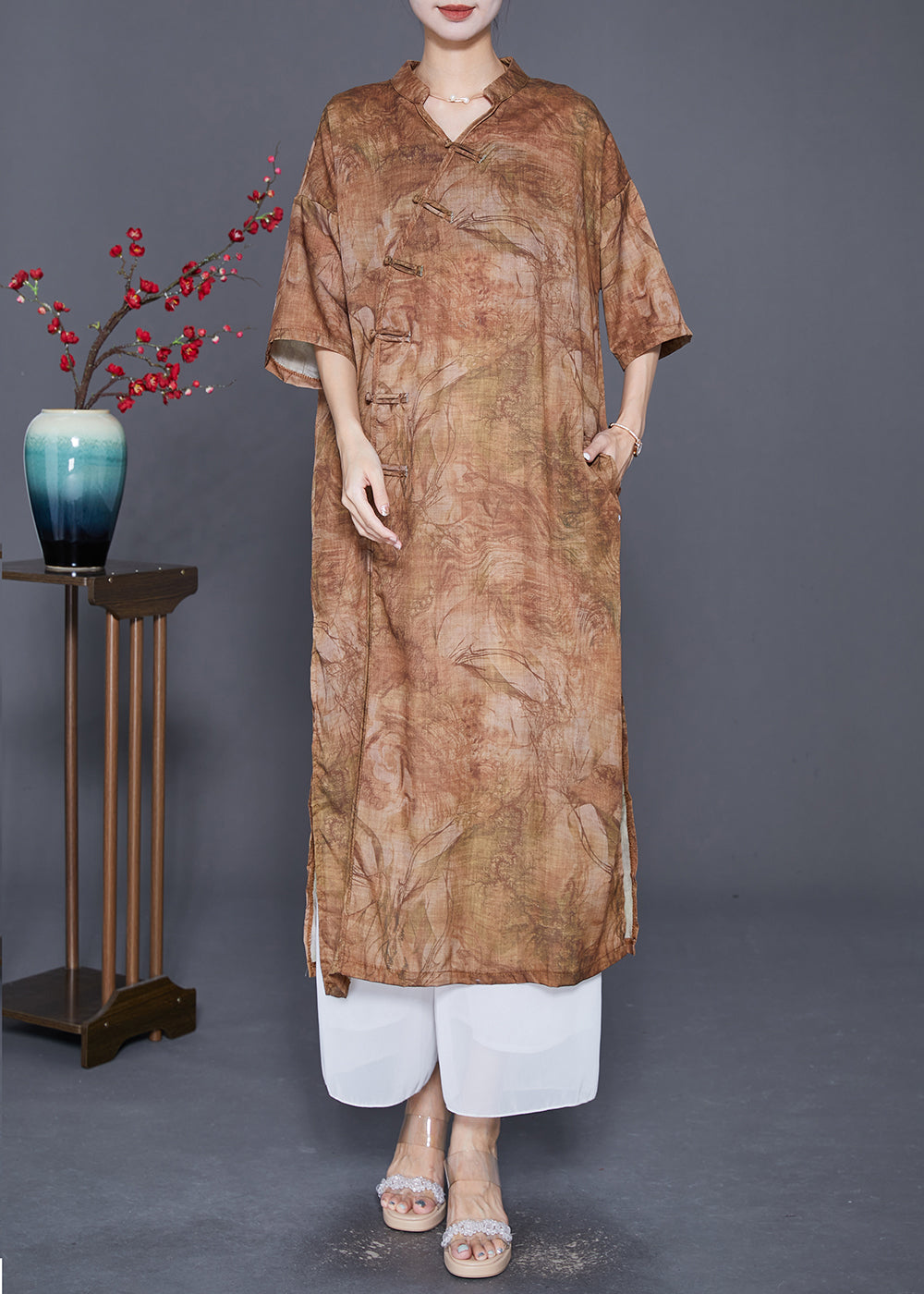 Khaki Print Linen Dress Chinese Button Side Open Summer LY7665