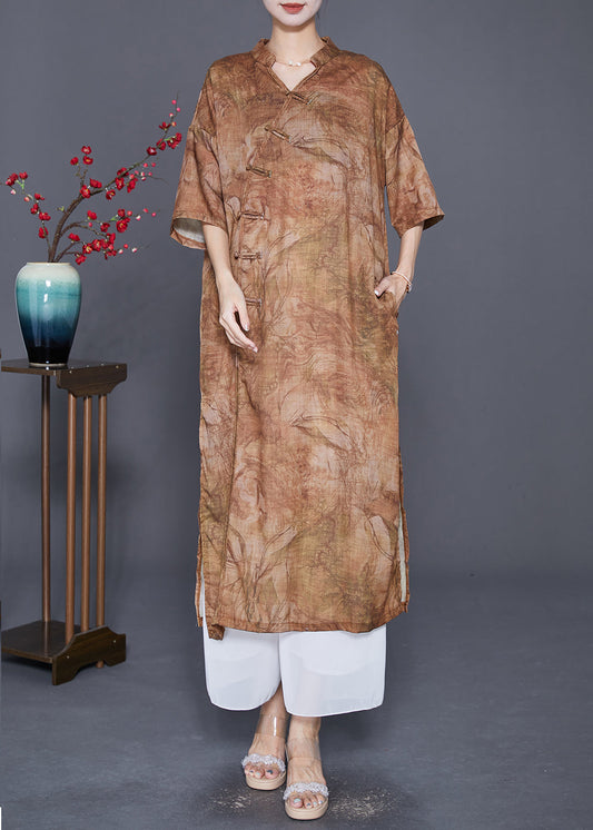 Khaki Print Linen Dress Chinese Button Side Open Summer LY7665