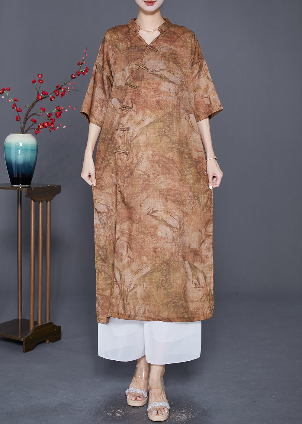 Khaki Print Linen Dress Chinese Button Side Open Summer LY7665