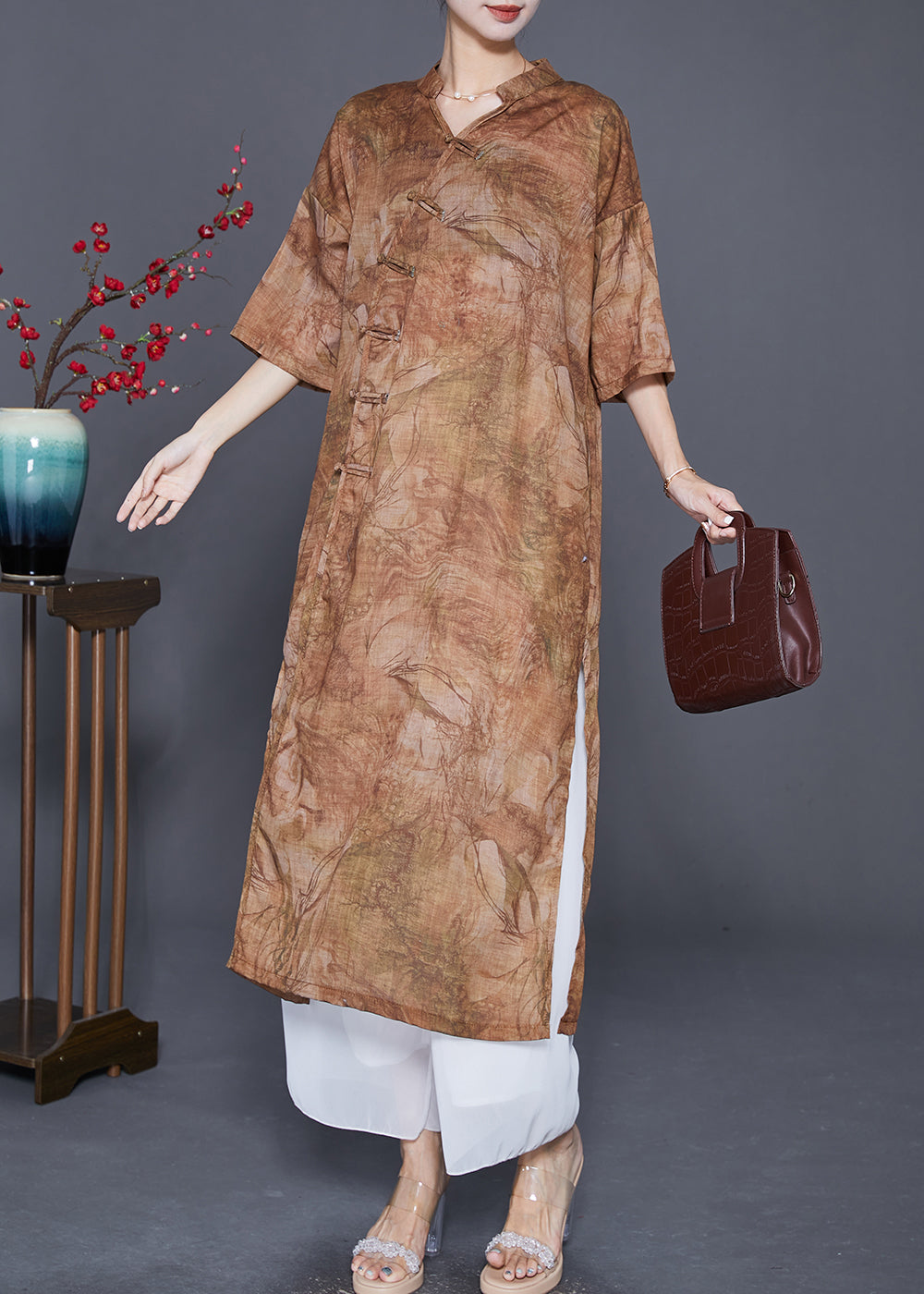 Khaki Print Linen Dress Chinese Button Side Open Summer LY7665