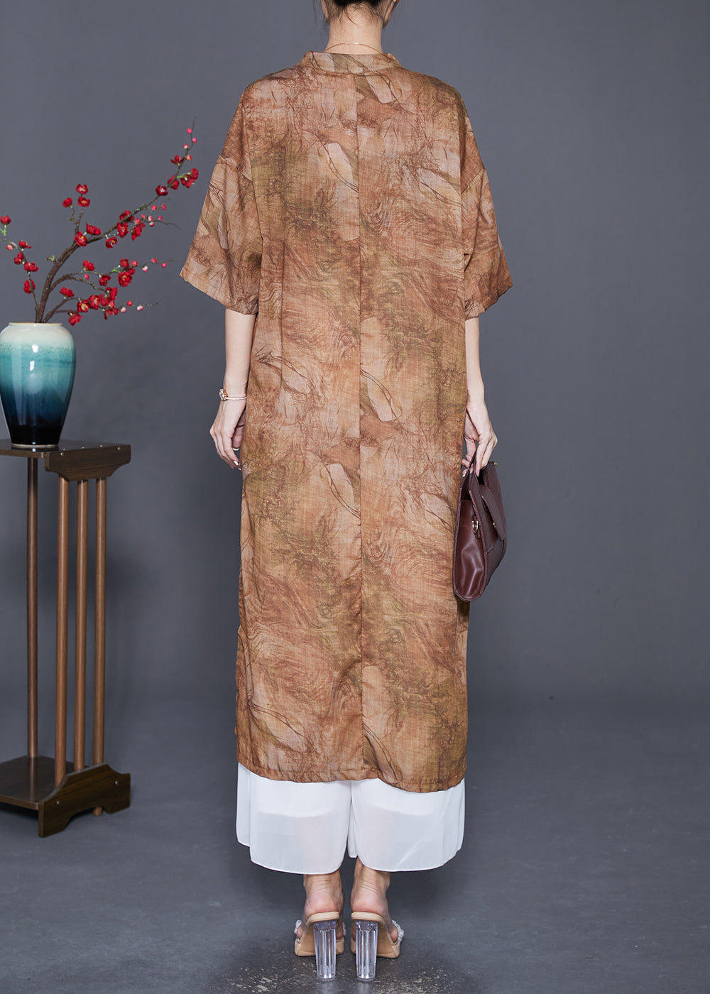 Khaki Print Linen Dress Chinese Button Side Open Summer LY7665