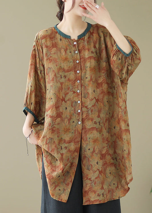 Khaki Print Linen Shirt Dresses O-Neck Oversized Lantern Sleeve LY4909 - fabuloryshop