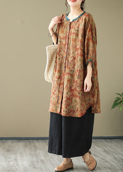 Khaki Print Linen Shirt Dresses O-Neck Oversized Lantern Sleeve LY4909 - fabuloryshop