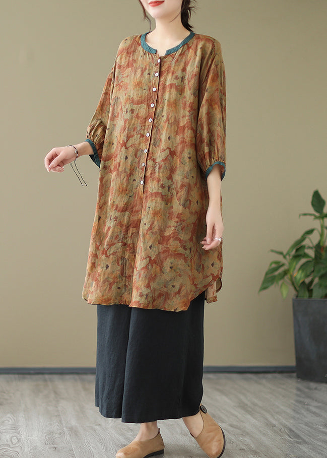 Khaki Print Linen Shirt Dresses O-Neck Oversized Lantern Sleeve LY4909 - fabuloryshop