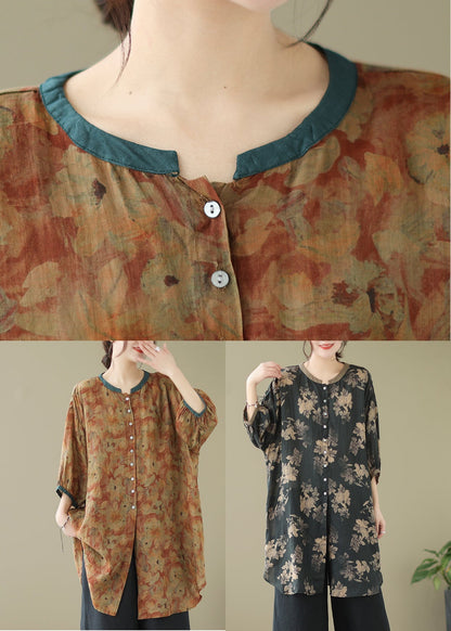 Khaki Print Linen Shirt Dresses O-Neck Oversized Lantern Sleeve LY4909 - fabuloryshop