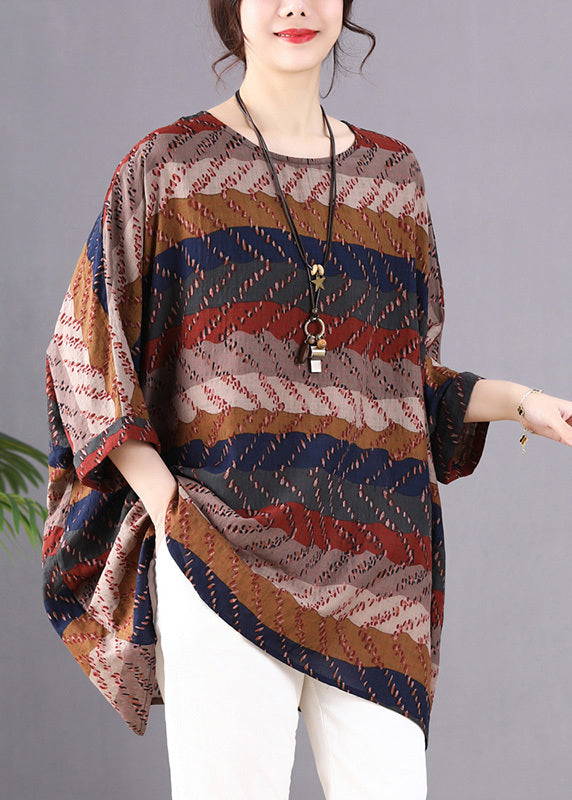 Khaki Print Linen Shirt O-Neck Oversized Batwing Sleeve Ada Fashion