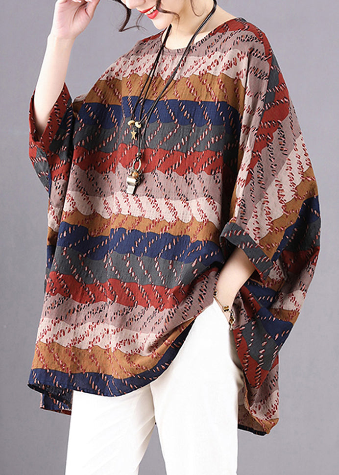 Khaki Print Linen Shirt O-Neck Oversized Batwing Sleeve Ada Fashion