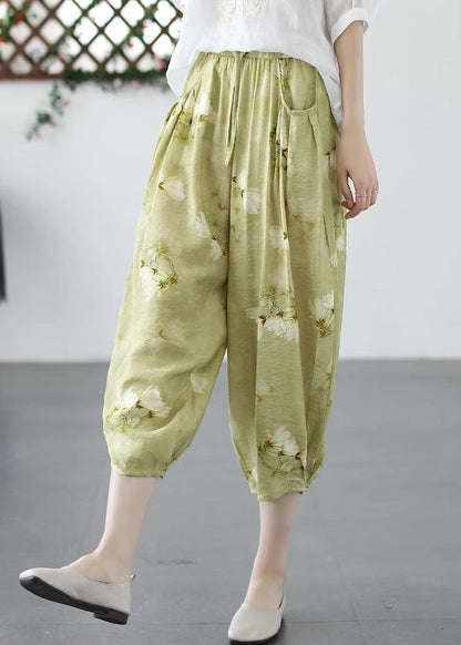 Khaki Print Pockets Patchwork Linen Crop Pants Cinched Summer Ada Fashion