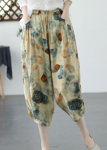 Khaki Print Pockets Patchwork Linen Crop Pants Cinched Summer Ada Fashion