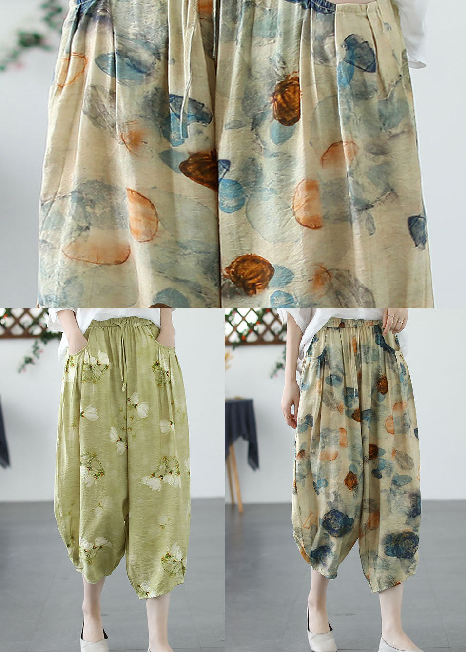 Khaki Print Pockets Patchwork Linen Crop Pants Cinched Summer Ada Fashion