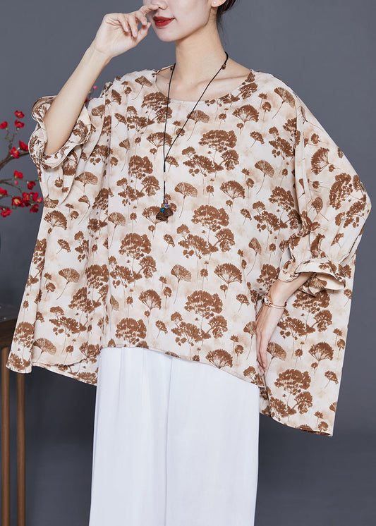 Khaki Print Silk Shirt Oversized Low High Design Batwing Sleeve LY3679 - fabuloryshop