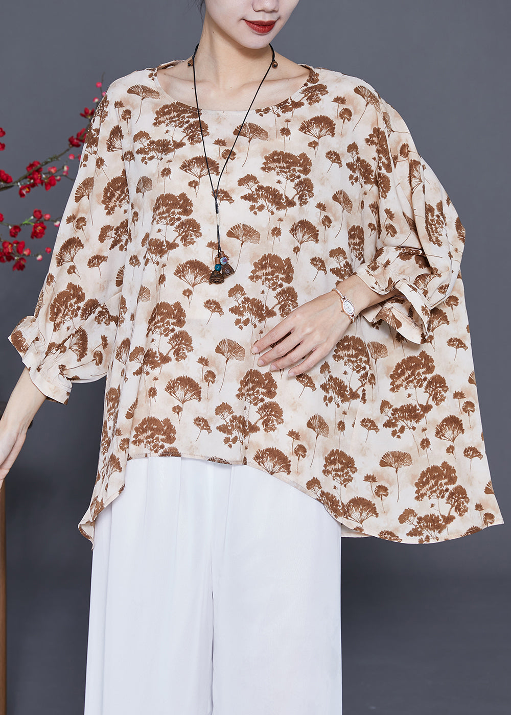 Khaki Print Silk Shirt Oversized Low High Design Batwing Sleeve LY3679 - fabuloryshop