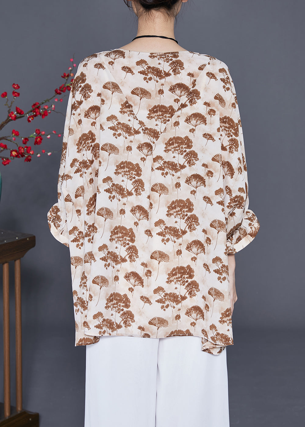 Khaki Print Silk Shirt Oversized Low High Design Batwing Sleeve LY3679 - fabuloryshop