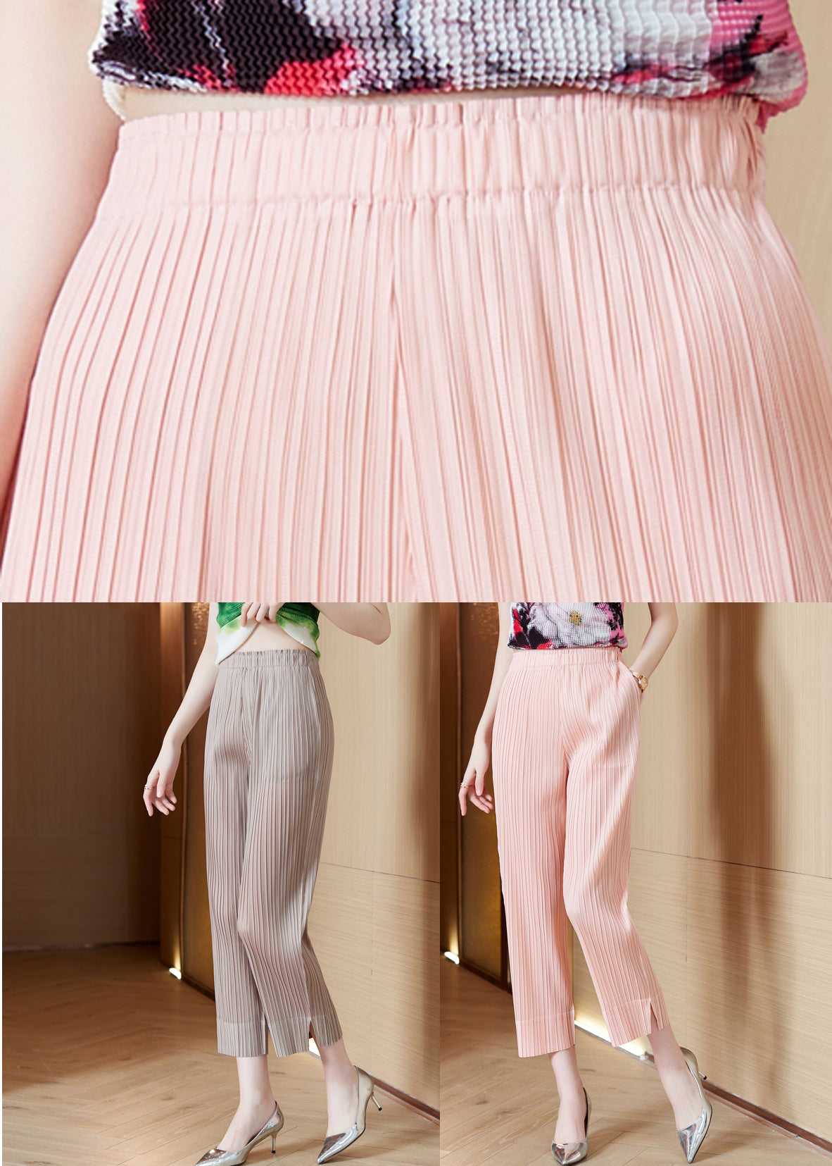 Khaki Silk Crop Pants Oversized Wrinkled Spring LY0448 - fabuloryshop