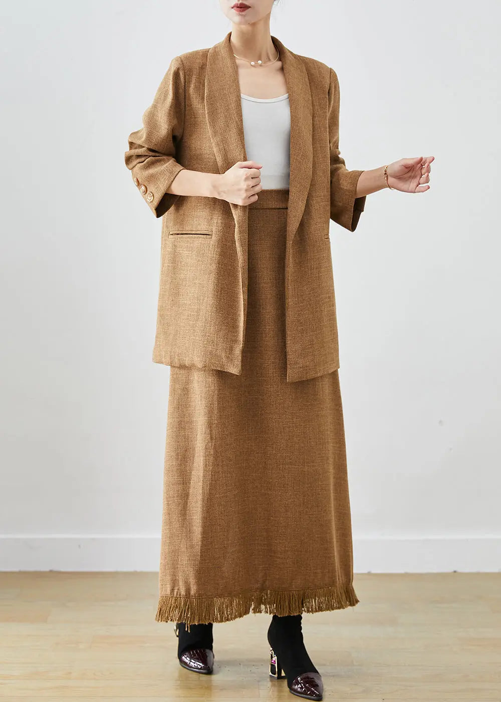 Khaki Silm Fit Linen Two Piece Set Outfits Tasseled Winter Ada Fashion