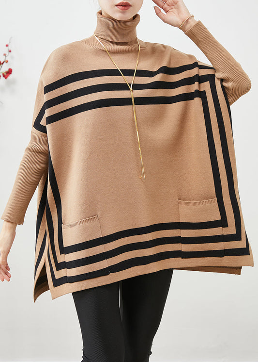 Khaki Striped Knit Top Oversized High Neck Batwing Sleeve Ada Fashion