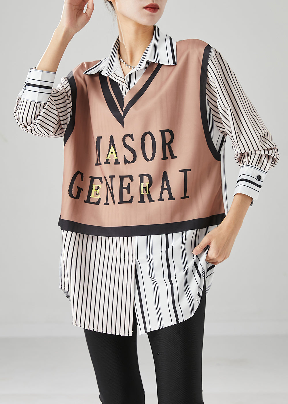 Khaki Striped Patchwork Cotton Shirt Top Letter Print Fall Ada Fashion