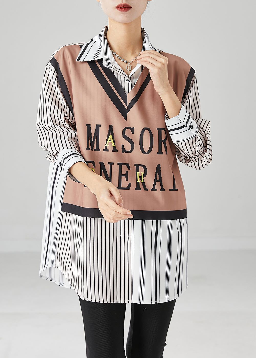 Khaki Striped Patchwork Cotton Shirt Top Letter Print Fall Ada Fashion