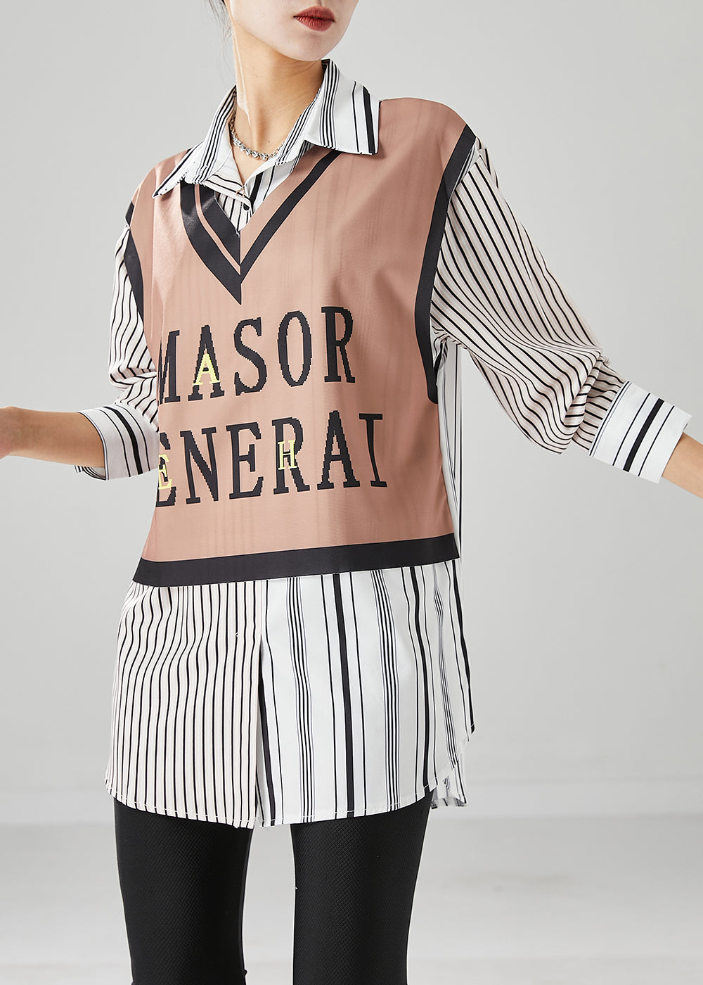 Khaki Striped Patchwork Cotton Shirt Top Letter Print Fall Ada Fashion