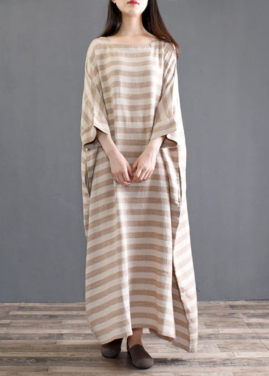 Khaki Striped Patchwork Oversized Cotton Long Dresses O-Neck Half Sleeve Ada Fashion