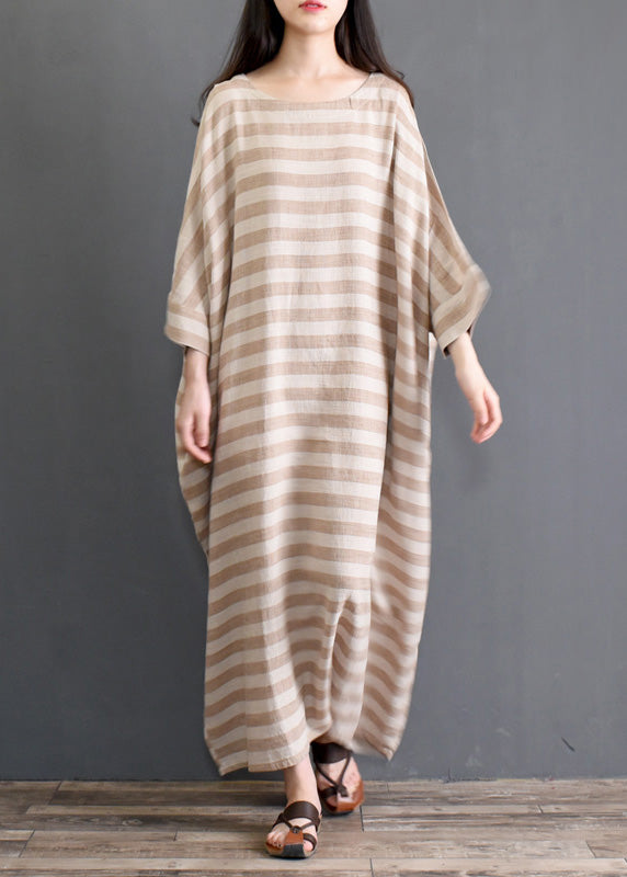 Khaki Striped Patchwork Oversized Cotton Long Dresses O-Neck Half Sleeve Ada Fashion