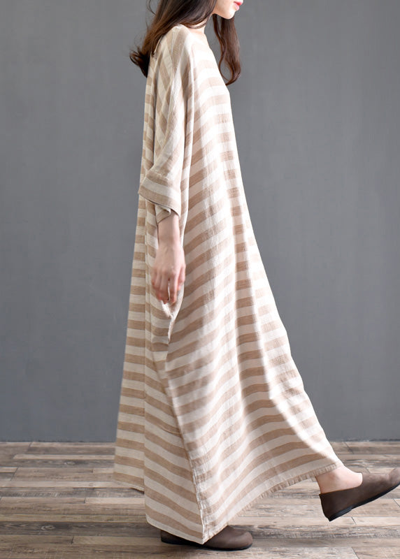 Khaki Striped Patchwork Oversized Cotton Long Dresses O-Neck Half Sleeve Ada Fashion