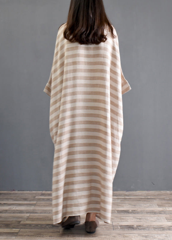 Khaki Striped Patchwork Oversized Cotton Long Dresses O-Neck Half Sleeve Ada Fashion