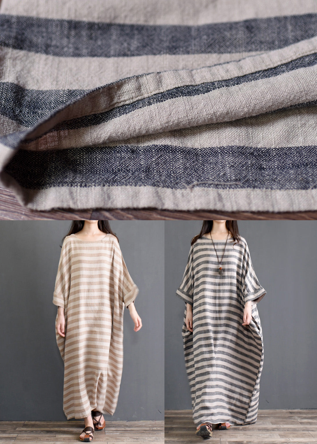 Khaki Striped Patchwork Oversized Cotton Long Dresses O-Neck Half Sleeve Ada Fashion
