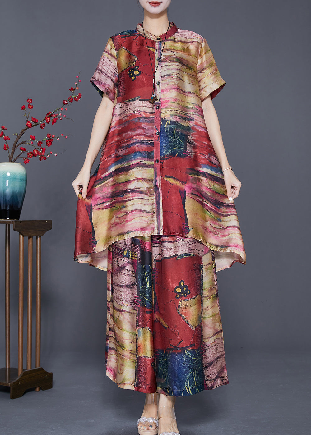 Khaki Tie Dye Silk Two Pieces Set Low High Design Summer Ada Fashion