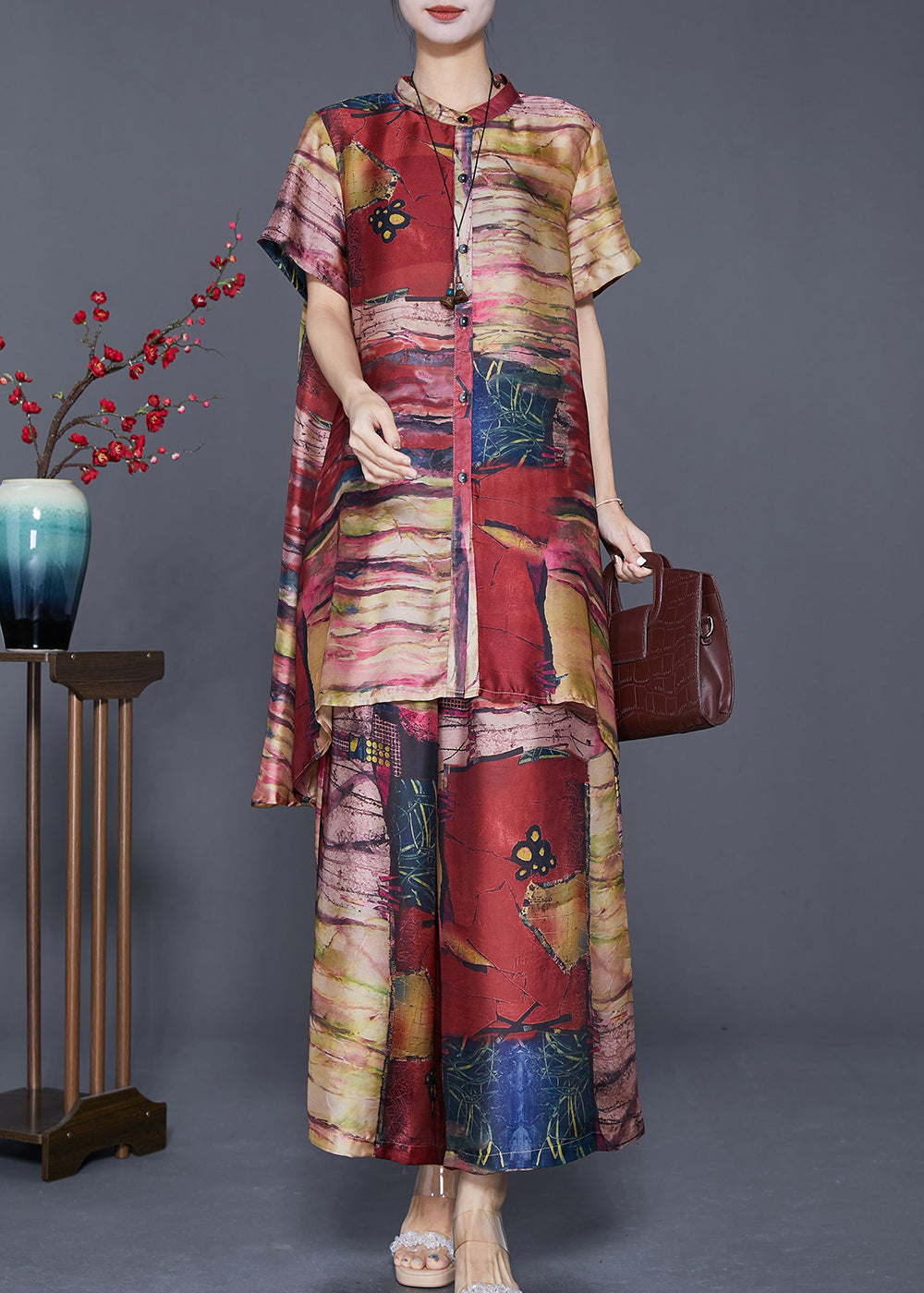 Khaki Tie Dye Silk Two Pieces Set Low High Design Summer Ada Fashion
