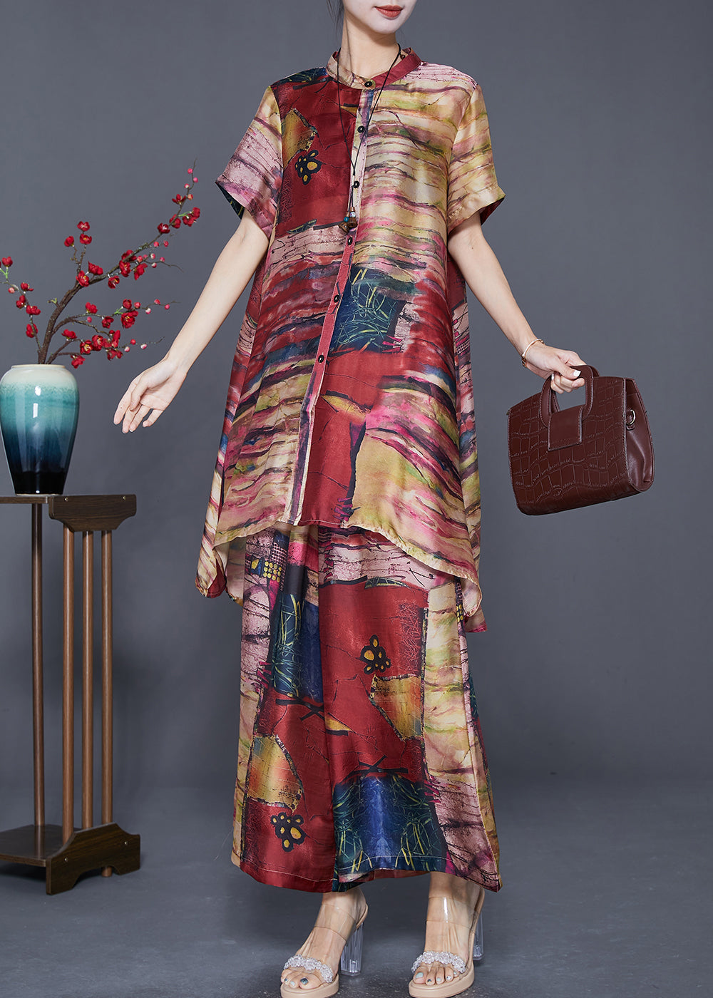 Khaki Tie Dye Silk Two Pieces Set Low High Design Summer Ada Fashion