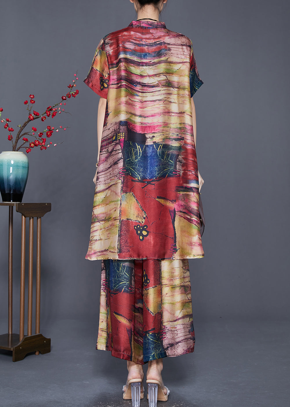 Khaki Tie Dye Silk Two Pieces Set Low High Design Summer Ada Fashion