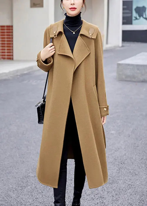 Khaki Tie Waist Patchwork Cashmere Coat Sailor Collar Long Sleeve Ada Fashion