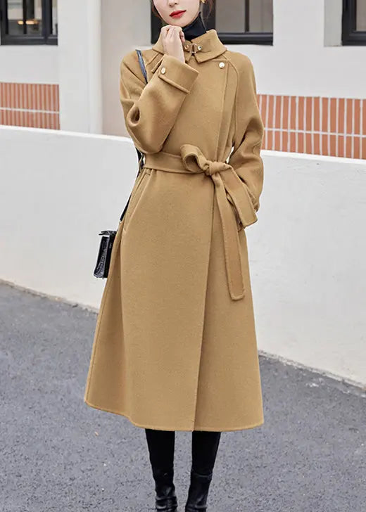 Khaki Tie Waist Patchwork Cashmere Coat Sailor Collar Long Sleeve Ada Fashion