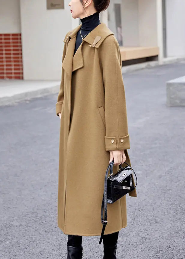 Khaki Tie Waist Patchwork Cashmere Coat Sailor Collar Long Sleeve Ada Fashion