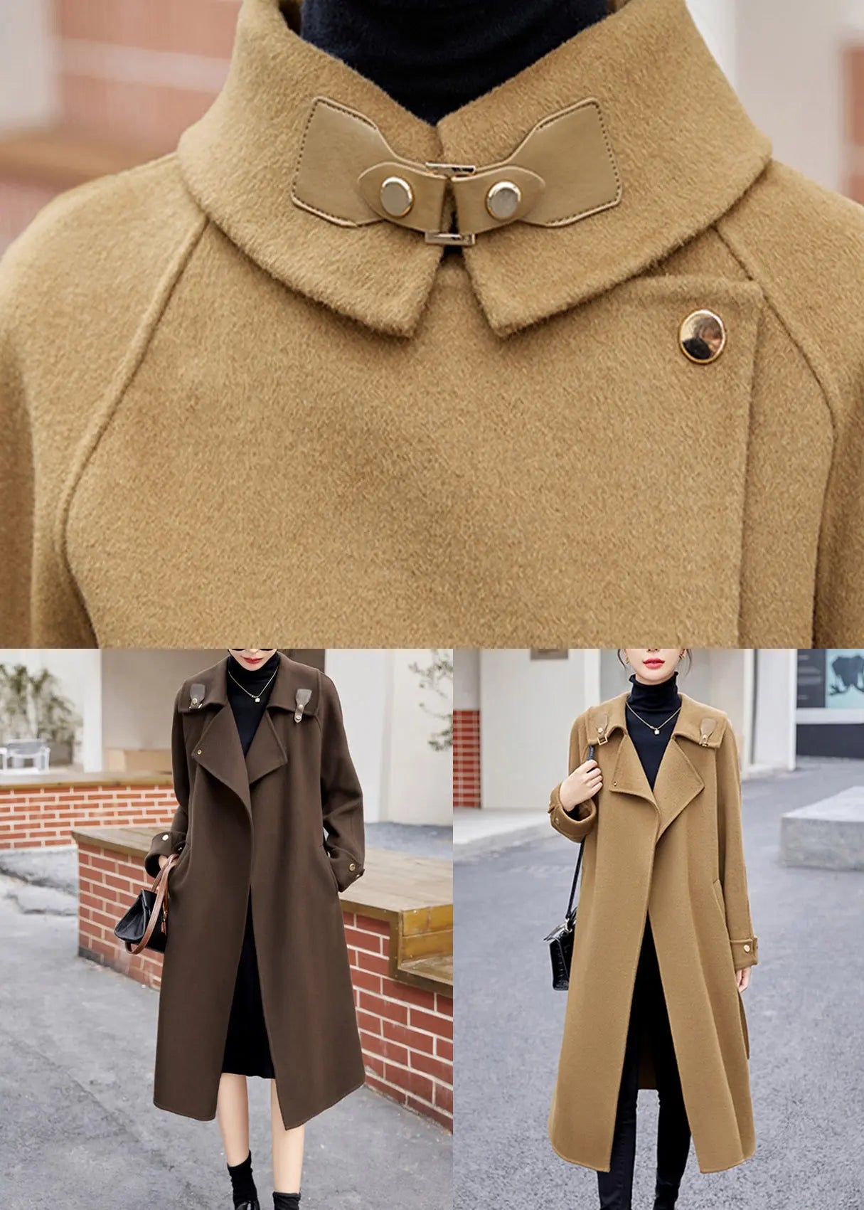 Khaki Tie Waist Patchwork Cashmere Coat Sailor Collar Long Sleeve Ada Fashion